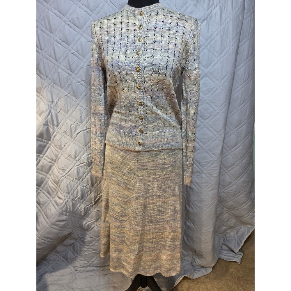 St. John Pastel Multicolor Knit Skirt Set with Gold Buttons